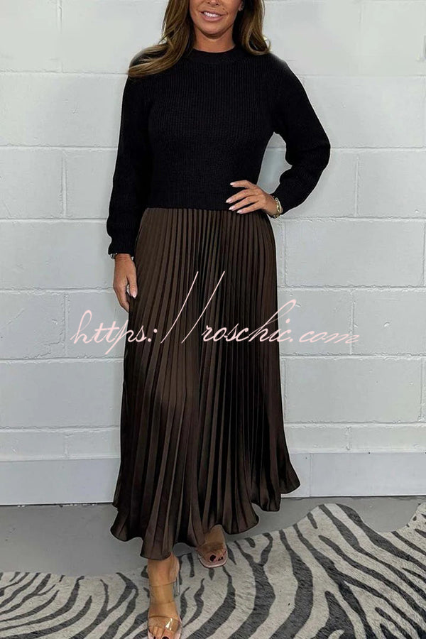 Knitted Maxi Dress | Round Neck Long Sleeve Patchwork