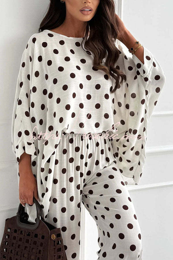 Linen Blend Polka Dot Batwing Top & Pants Set