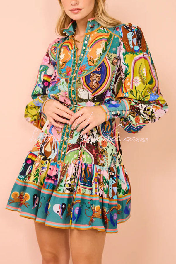 Printed Balloon Sleeve Button Mini Dress – Loose Fit