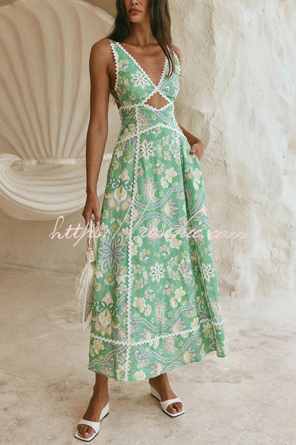 Linen Blend Printed V-Neck Sleeveless Maxi Dress