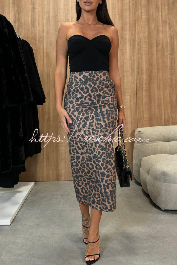 Faux Leather High-Rise Midi Skirt with Pockets and Slit