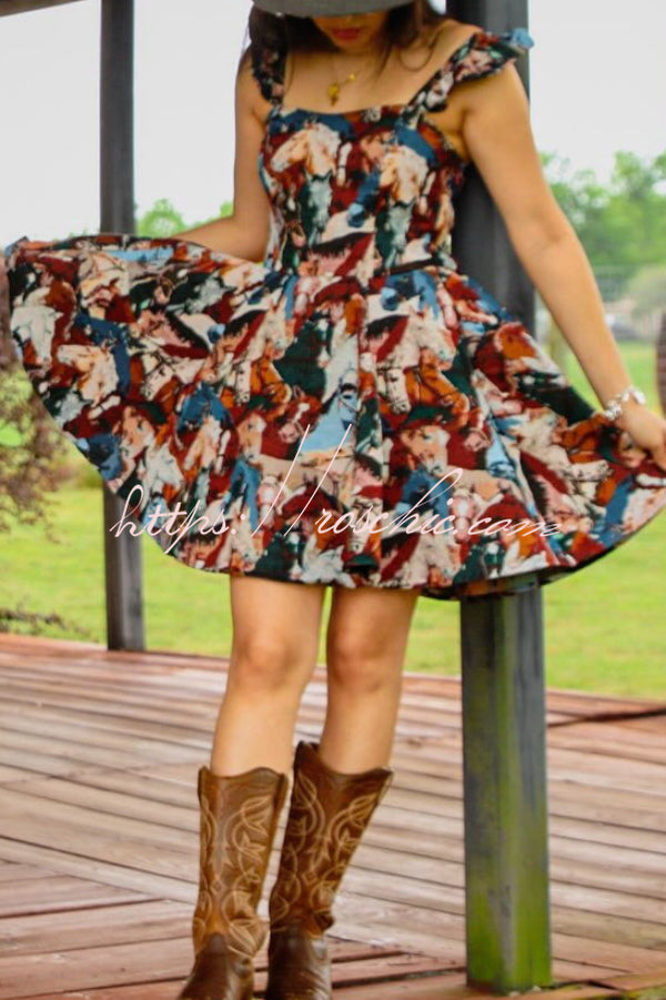 Horse Print Square Neck Mini Dress – Slim Fit Sleeveless