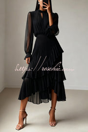 Ruffle Midi Dress Long Sleeve Round Neck Fitted Waist