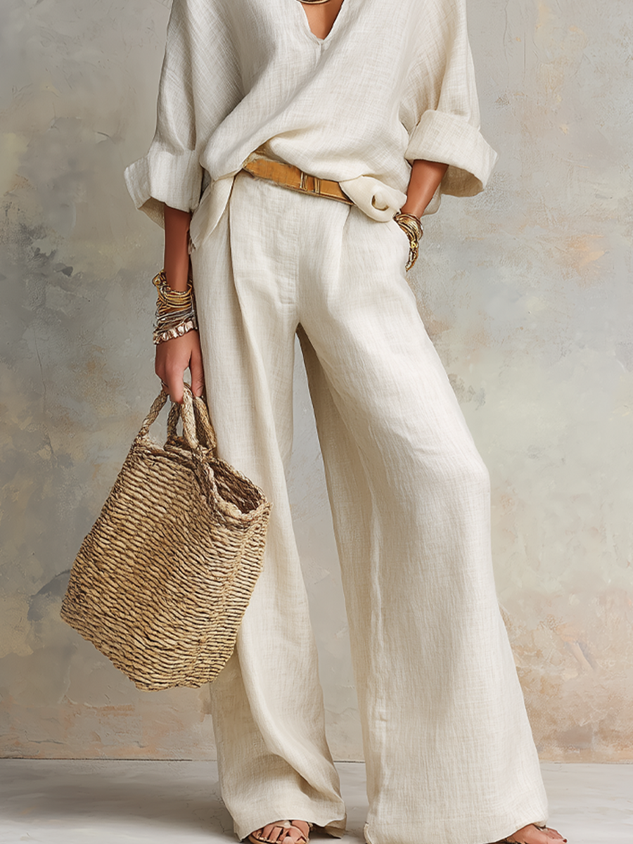 Off White Linen Pants Set | Loose Fit Resort Wear