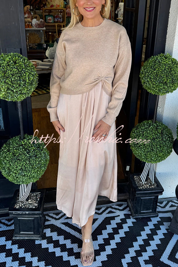 Knit Sweater & Satin Ruched Midi Dress Two-Piece Set