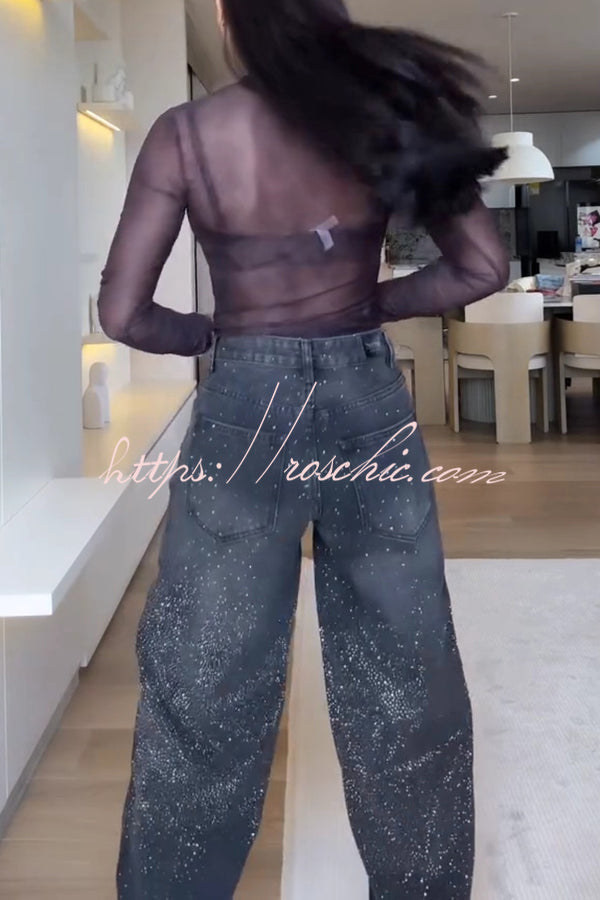Rhinestone High-Rise Loose Straight Jeans with Pockets