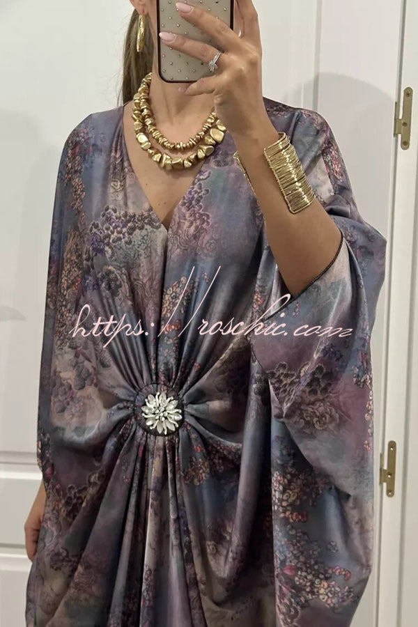 Satin Gemstone Embellished Maxi Dress with V-Neck Print