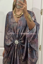 Satin Gemstone Embellished Maxi Dress with V-Neck Print