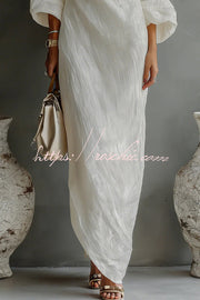 Linen Blend One-Shoulder Maxi Dress with Lantern Sleeves