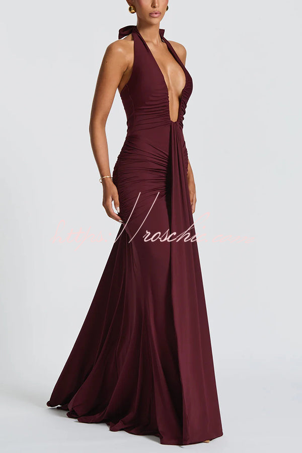 Halter V-Neck Open Back Maxi Dress – Solid Color Slim Fit