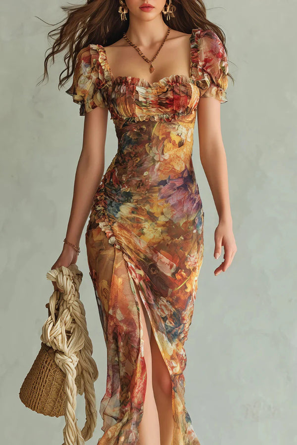 Floral Print Maxi Dress with Square Neck & Ruffle Slit