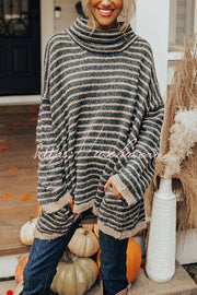 Striped Tunic Sweater with Pockets – Loose High Neck