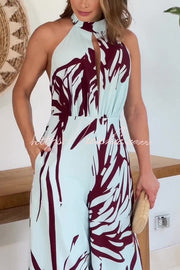 Printed Halter Sleeveless Wide Leg Jumpsuit – Vacation Wear