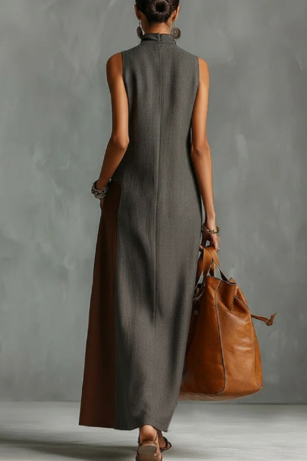 Sleeveless High-Neck Color-Block Maxi Dress with Pockets