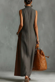 Sleeveless High-Neck Color-Block Maxi Dress with Pockets
