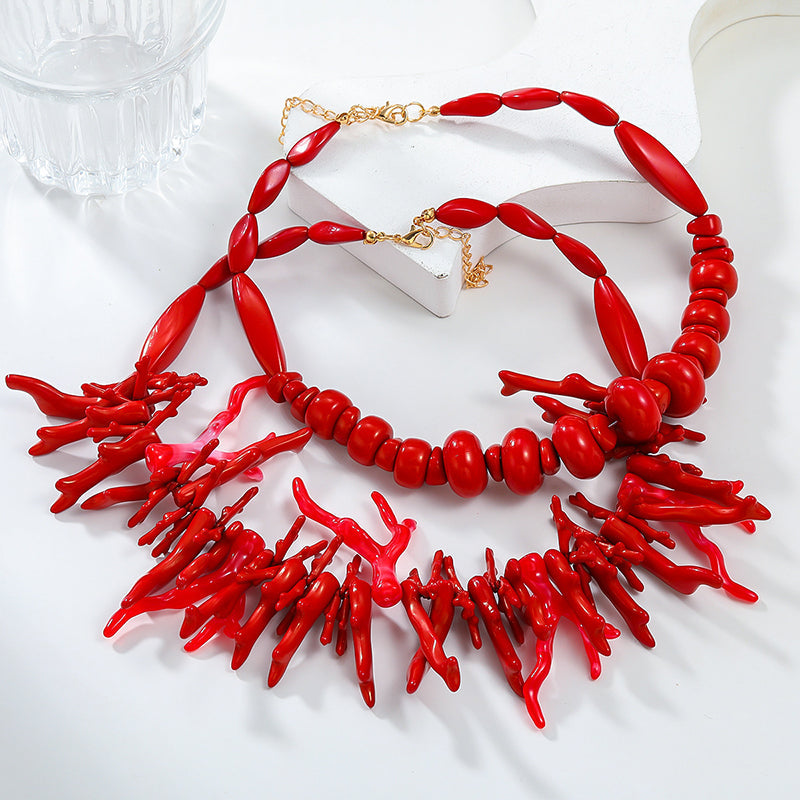 Bohemian Red Coral Necklace Set (2-Piece)