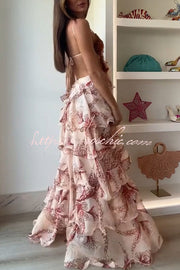 Butterfly Print Backless Ruffle Maxi Dress – Tie-Up Back