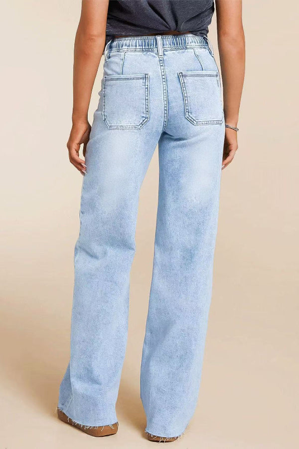Women's Loose Straight Leg Jeans with Elastic Waist & Pockets