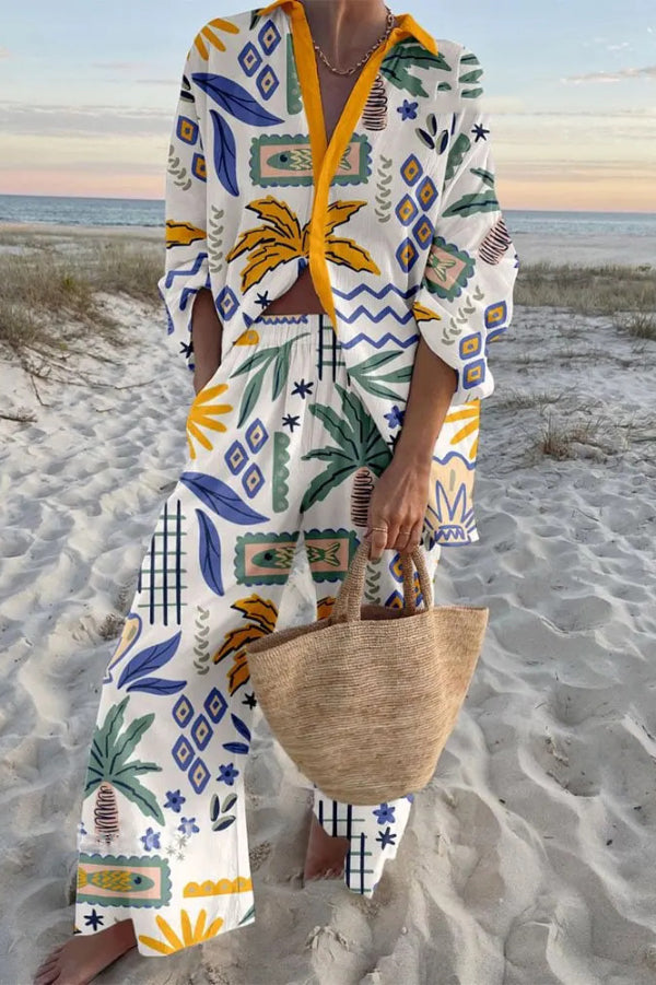 Coconut Tree Print Loose Shirt & Pants Set – Vacation