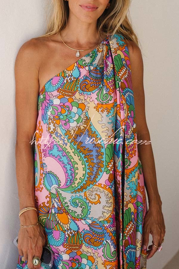 Satin One-Shoulder Maxi Dress – Rainbow Print Loose Fit