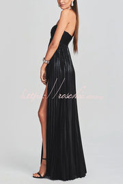 Metallic Pleated Off-Shoulder High Slit Maxi Dress
