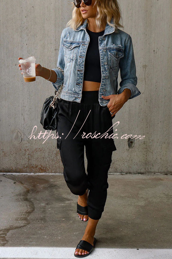 Satin High Waist Joggers with Pockets – Ankle Length
