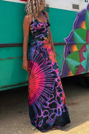 Tie-Dye Print Lace-Up Back Stretch Maxi Dress