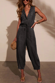 Women's Sleeveless Denim Jumpsuit with Elastic Waist & Pockets