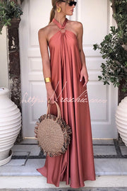 Satin Halter Backless Maxi Dress – Sleeveless Vacation Wear
