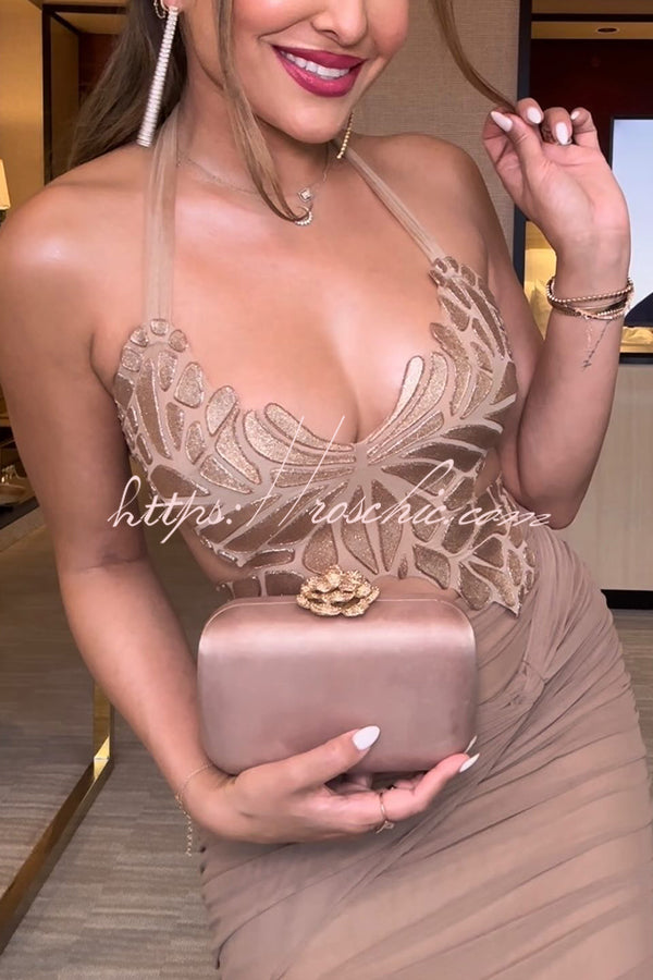 Gold Metallic Butterfly Halter Tank Top | Lace-Up Back