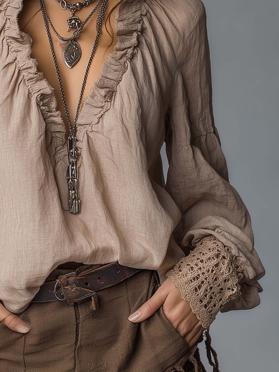 Women's Cotton Linen Blouse with Ruffled Pleated Collar