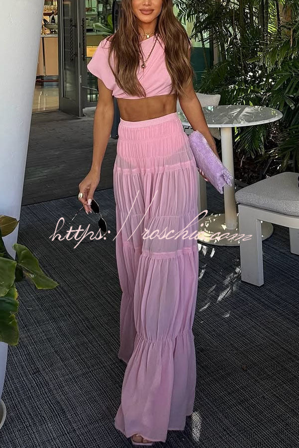 Chiffon Ruched Shoulder Crop Top | Short Sleeve Blouse