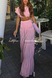 Chiffon Ruched Shoulder Crop Top | Short Sleeve Blouse
