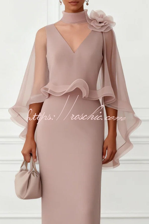 3D Floral Mesh Mock Neck Cape Sleeve Maxi Gown