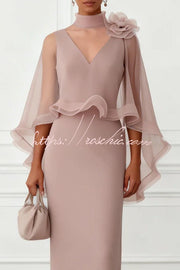 3D Floral Mesh Mock Neck Cape Sleeve Maxi Gown