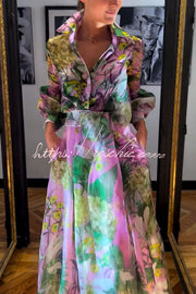 Tulle Floral Print Balloon Sleeve Blouse with Belt