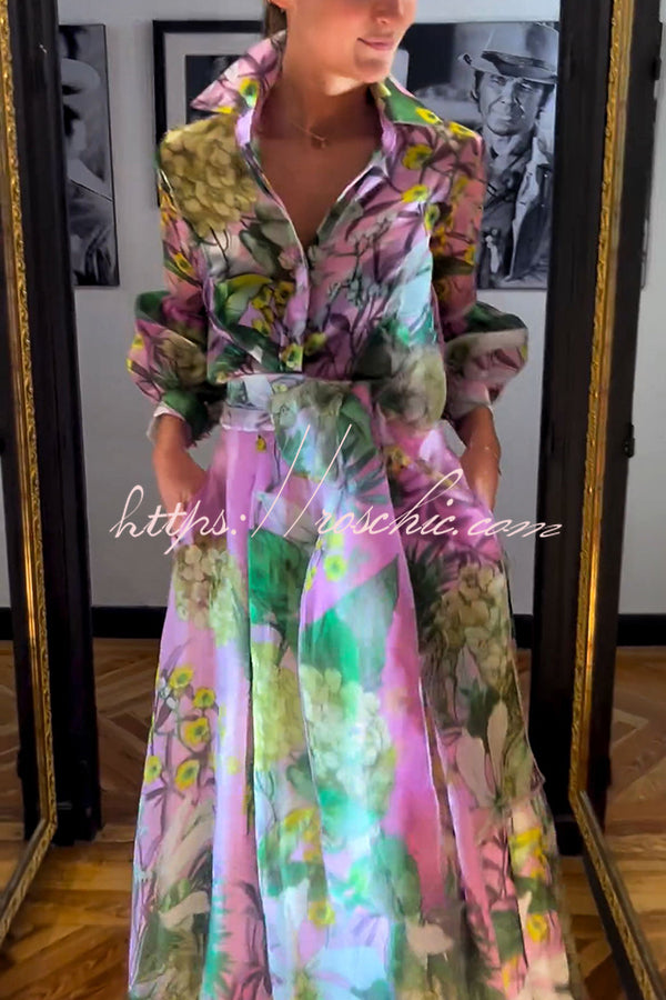 Tulle Floral Print Balloon Sleeve Blouse with Belt