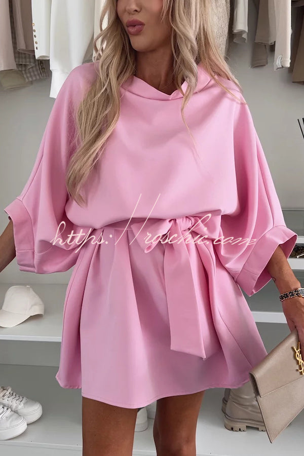 Loose Batwing Sleeve Belted Mini Dress – Solid Color