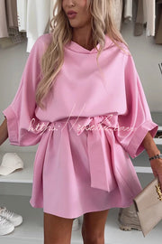 Loose Batwing Sleeve Belted Mini Dress – Solid Color