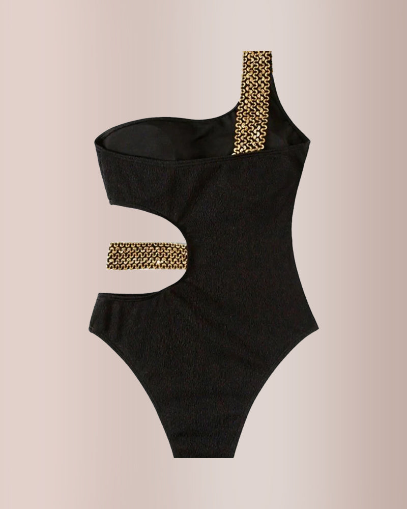 Rhinestone Strap High-Waist Bikini Swimsuit
