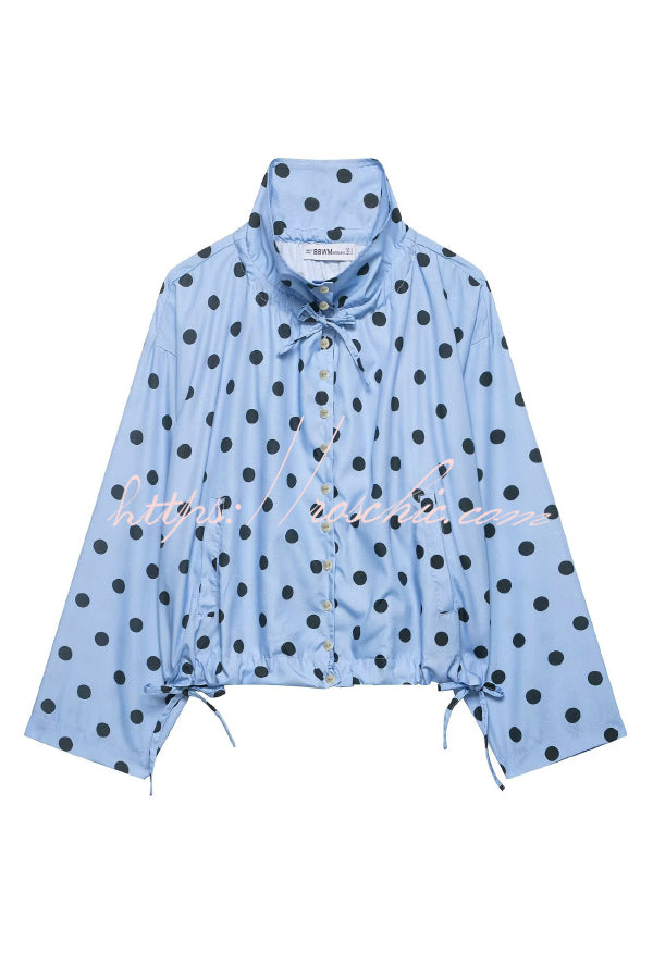Polka Dot Loose Jacket with Stand Collar & Bow Tie Detail