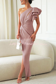 One Shoulder Ruffle Sleeve Maxi Gown with Asymmetrical Hem