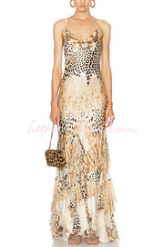 Coral Satin Leopard Print Halter Maxi Dress with Ruffle Hem