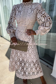 Crochet Lace Lantern Sleeve Midi Dress for Parties