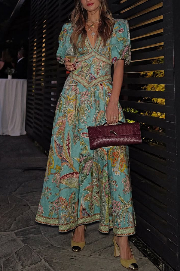 Robe longue en lin mélangé à manches bouffantes avec poches