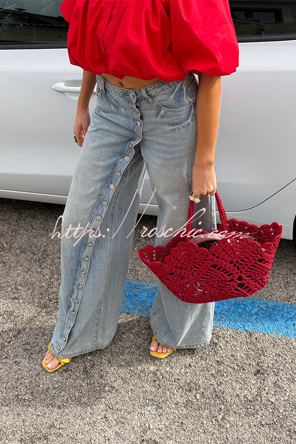 Diagonal Placket Loose Fit Denim Jeans – Ankle Length