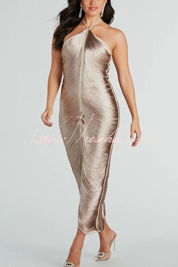Robe longue dos nu métallisée avec fente à franges