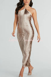 Robe longue dos nu métallisée avec fente à franges