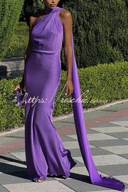 Satin One Shoulder Backless Cape Maxi Dress