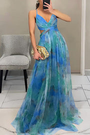 Floral Print Tulle Cutout Waist Lace-Up Maxi Dress